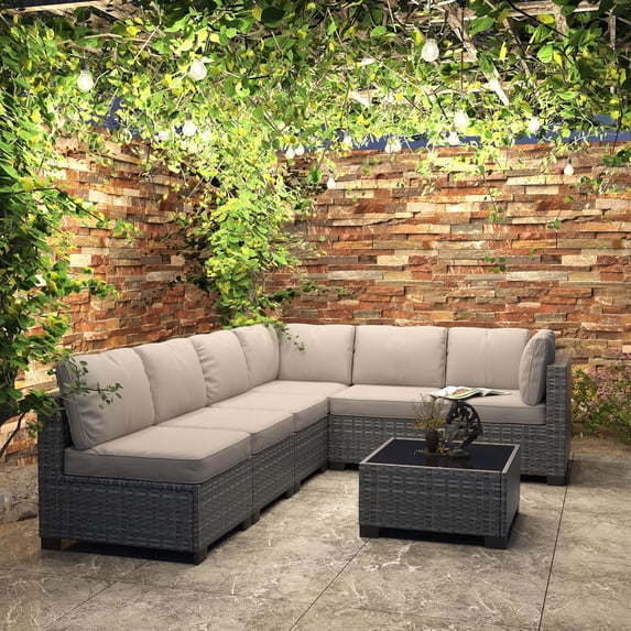 EastVita 7-Piece Outdoor Wicker Patio Furniture Set PE Rattan Sectional Sofa with Thick Cushions Tempered Glass Top Coffee Table Perfect for Garden Backyard and Deck Gatherings