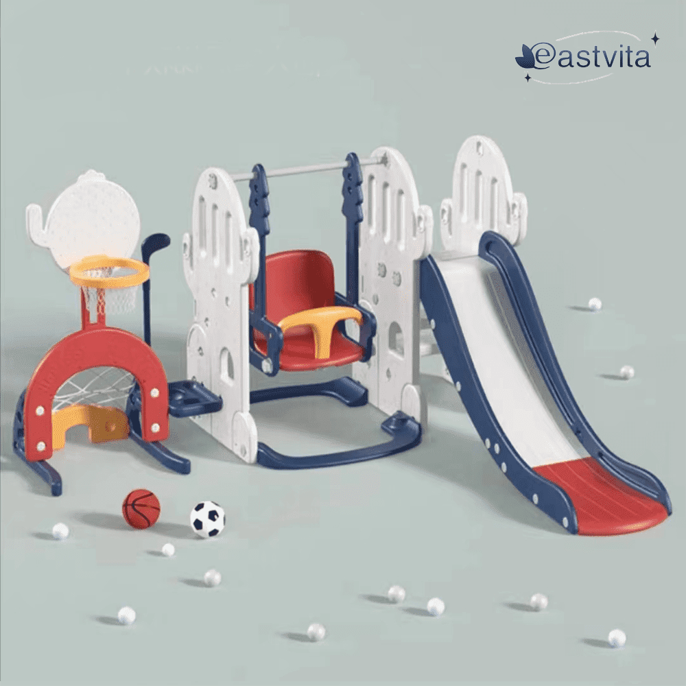 EastVita 7 in 1 Toddler Slide and Swing Set, Kids Freestanding Slide Climber with Swing and Basketball Hoop, Soccer Golf and Ring Toss Game Playset