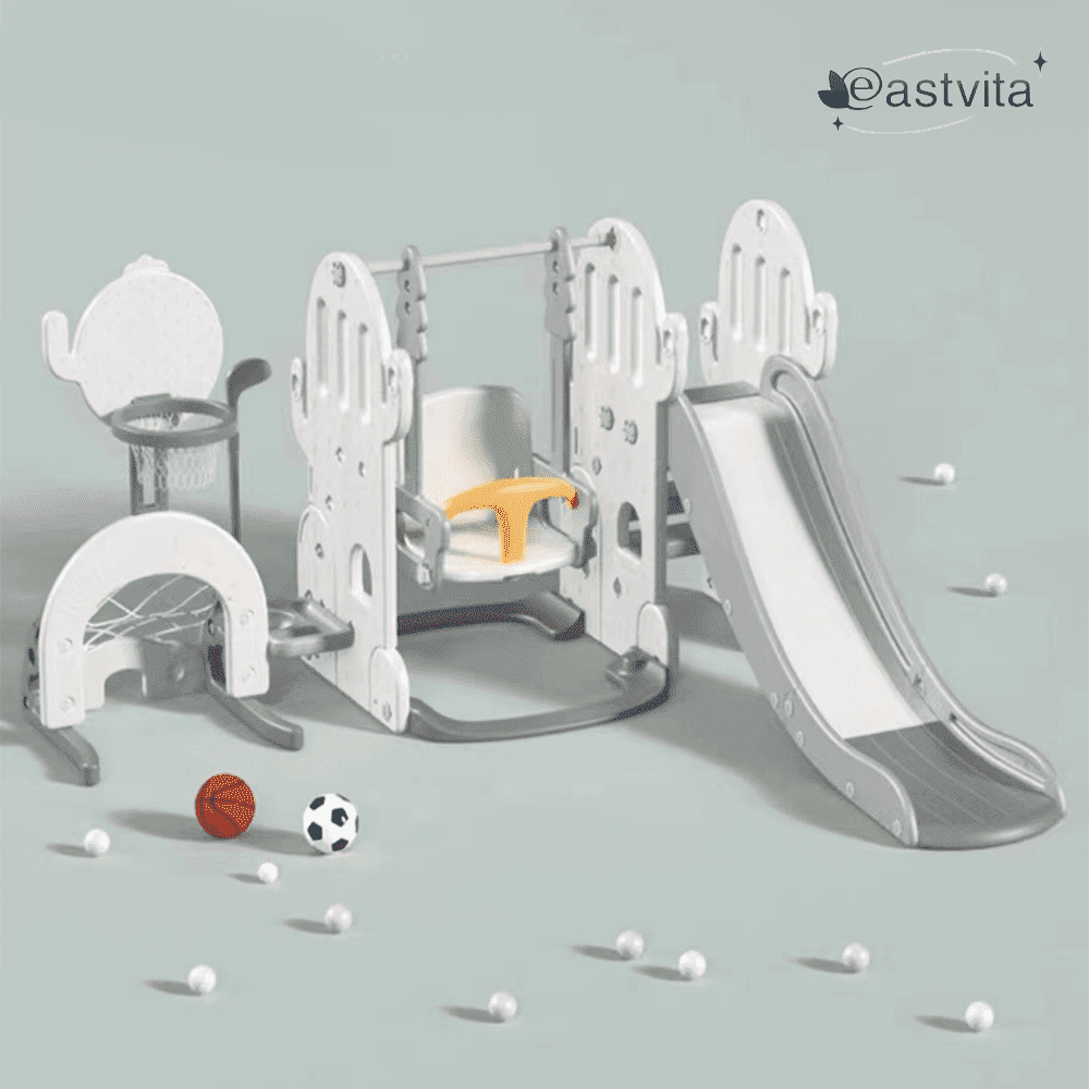 EastVita 7 in 1 Toddler Slide and Swing Set, Kids Freestanding Slide Climber with Swing and Basketball Hoop, Soccer Golf and Ring Toss Game Playset