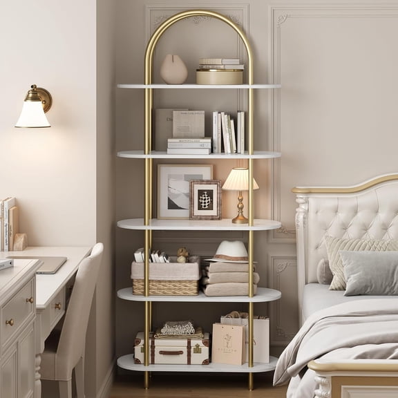 EastVita 71 inch Bookshelf 5 Tier Bookcase Arched Display Racks Tall Bookshelf Freestanding Open Storage Shelf with Sturdy Metal Frame for Bedroom Living Room Home Office Bathroom Marble White