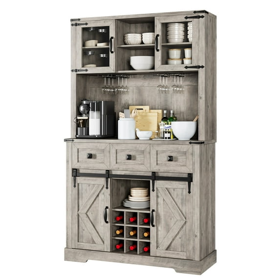 EastVita 72" Farmhouse Bar Cabinet with Sliding Barn Door, Tall Kitchen Buffet Rustic Coffee Wine Bar Sideboard Gray