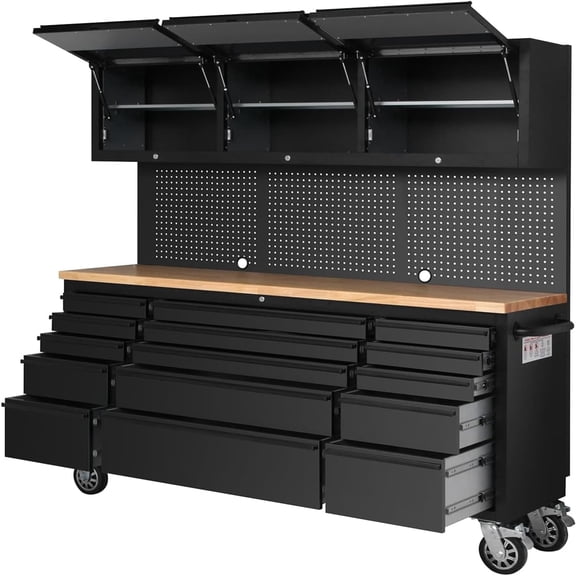 EastVita 72 Inch Rolling Tool Cabinet Garage Workbench with 15 Drawers and Wheels 3 Upper Cabinets Pegboard for Garage Workshop Black