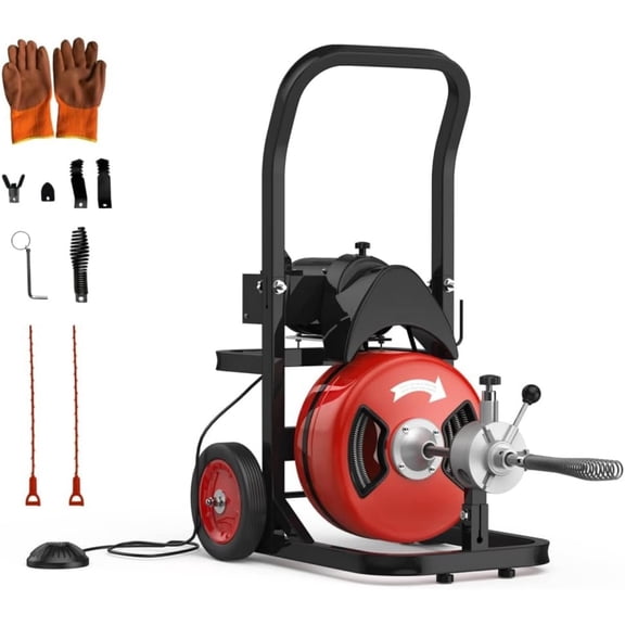 EastVita 75Ft Half an inch Cable Drain Cleaning Machine-450W Auto Feed Portable Electric Sewer Snake-Electric Drain Auger with 6 Cutter Air-Activated Foot Switch for 2 to 4inch Pipes