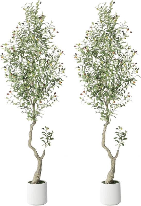 EastVita 7FT（2PCS) Tall Faux Olive Tree， Olive Trees Artificial Indoor with White Planter and Green Fake Moss for Home Office Living Room Bedroom Stairs Foyer Decor