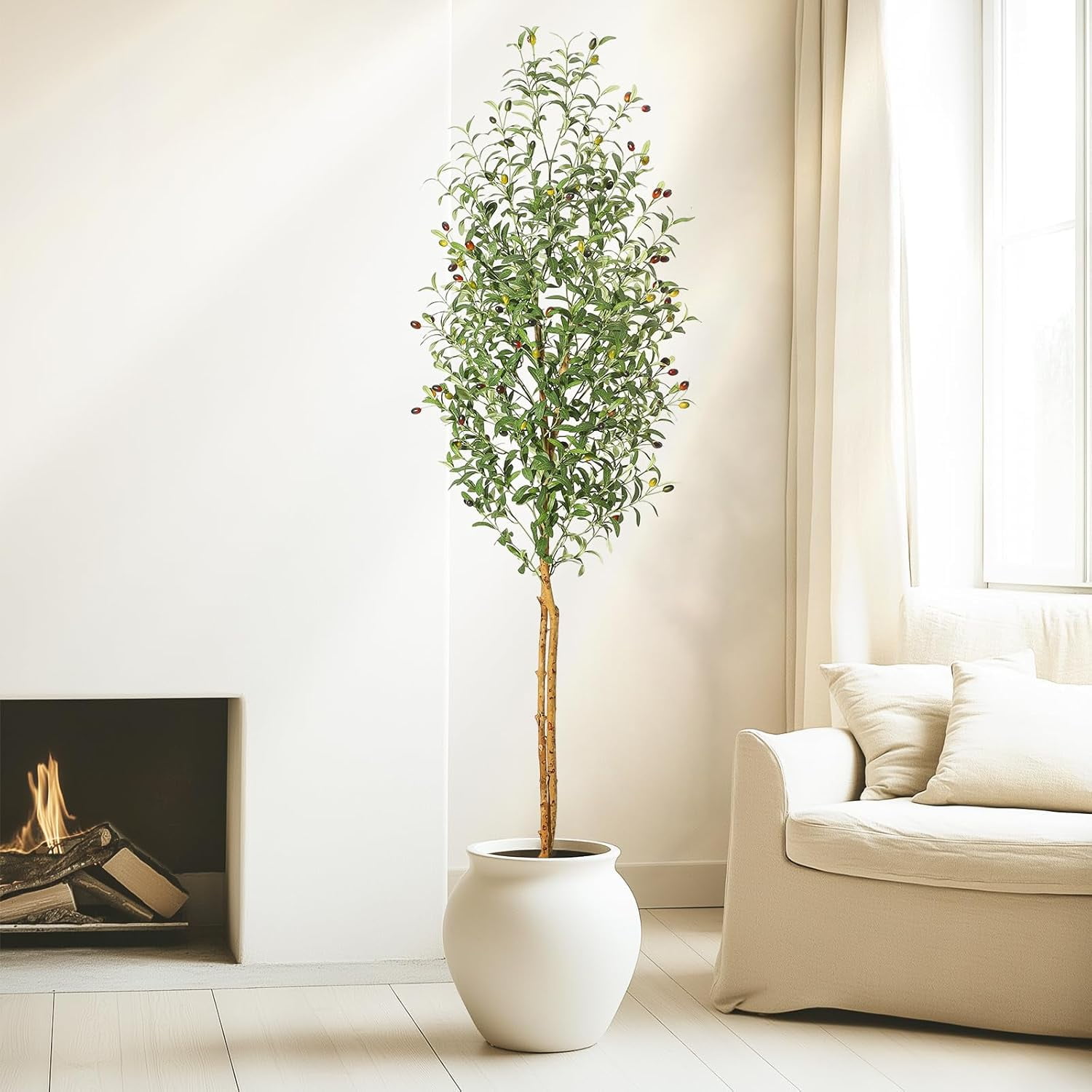 EastVita 7FT Olive Trees Artificial Indoor, Faux Silk Plant White Planter, Fake Olive Trees with Natural Wood Trunk and Green Fake Moss