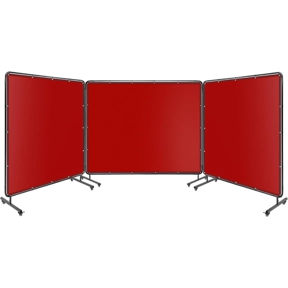 EastVita 8'*6' 3 Panel Welding Screen with Frame, Flame-Resistant Vinyl Welding Curtain On 12 Swivel Wheels (6 Lockable), Durable & Portable for Grinding, Workshop, Garage, Red