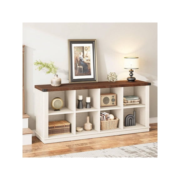 EastVita 8 Cube Storage Organizer Bookshelf 3 Tier Farmhouse Horizontal Bookcase 62 Inch Wood Storage Bookcase For Entryway Long Low Bookshelves For Living Room