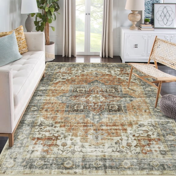 EastVita 8'x 10'Machine Washable Area Rug Vintage Persian Rug Retro Medallion Rug Indoor Non-Slip Low Pile Carpet for Living Room Bedroom, Brown