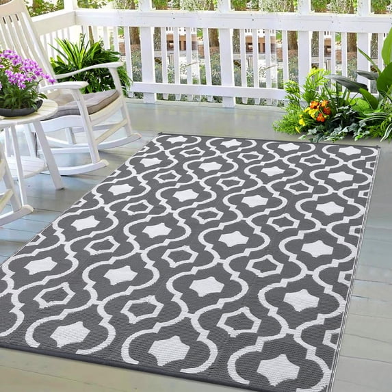 EastVita 8 x 10 ft Plastic Gray White Rectangular Beach Front Porches Patio Picnic RV Camping Garage Flower Moroccan Area Rug