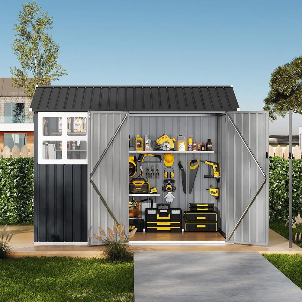 EastVita 8 x 6 ft Outdoor Metal Storage Shed with Windows and Lockable Doors Heavy-Duty Garden Tool Shed Dark Gray
