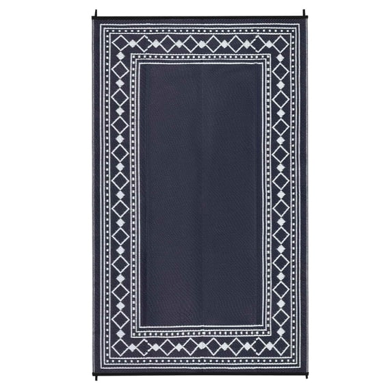 EastVita 9 x 12 ft Plastic Black Blue White Rectangular Beach Front Porches Patio Picnic RV Camping Garage Rhombus Geometric Area Rug
