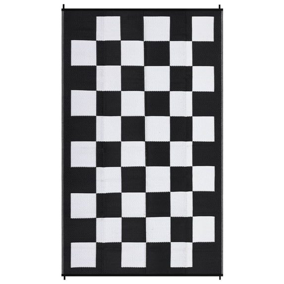 EastVita 9 x 18 ft(actual size) Plastic Black White Rectangular Beach Front Porches Patio Picnic RV Camping Garage Grid Modern Area Rug