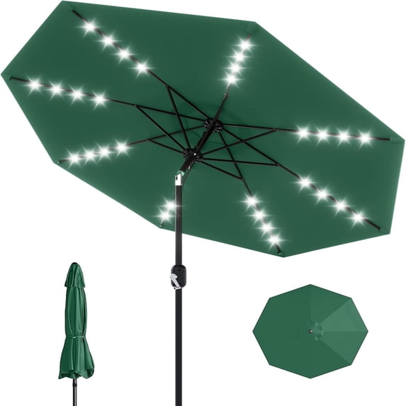 EastVita 9Ft Patio Umbrella with Solar Lights 32 LED Lights and Tilt Crank 8 Ribs Market Umbrella Polyester Fabric Dark Green