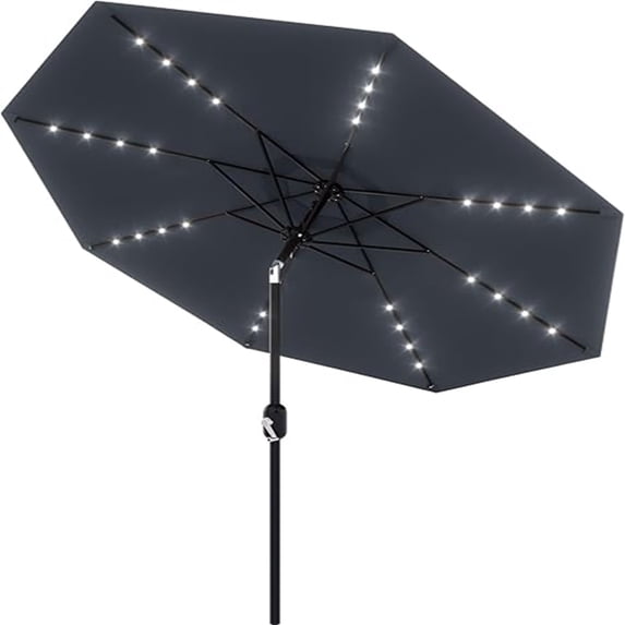 EastVita 9Ft Patio Umbrella with Solar Lights 32 LED Lights and Tilt Crank 8 Ribs Market Umbrella Polyester Fabric Gray