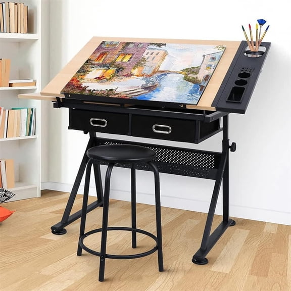EastVita Adjustable Drawing Table Tilted Tabletop Drafting Table Art Desk Art Tables with 2 Storage Drawers and Stool Drawing Desk for Artist Painters Drawing Crafting Reading Writing