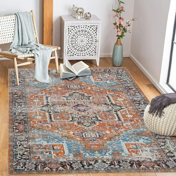 EastVita Area Rug Washable Indoor Door Mat Vintage Floral Print Kitchen Mat Distressed Persian Rug Non Slip Non Shed Throw Carpet Mat Orange