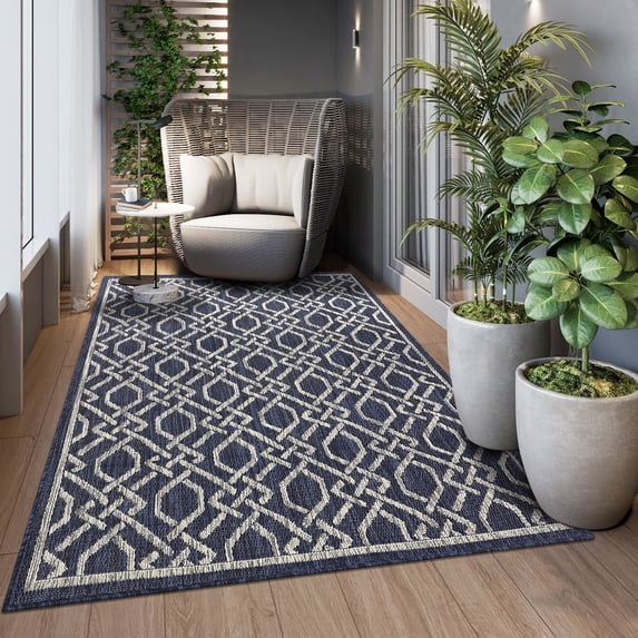 EastVita Area Rugs Carpets 100% Polypropylene Turkish Outdoor Flat Weave Rug Terrace-Geometric-Gray TRC3207 Blue 4*5'3"