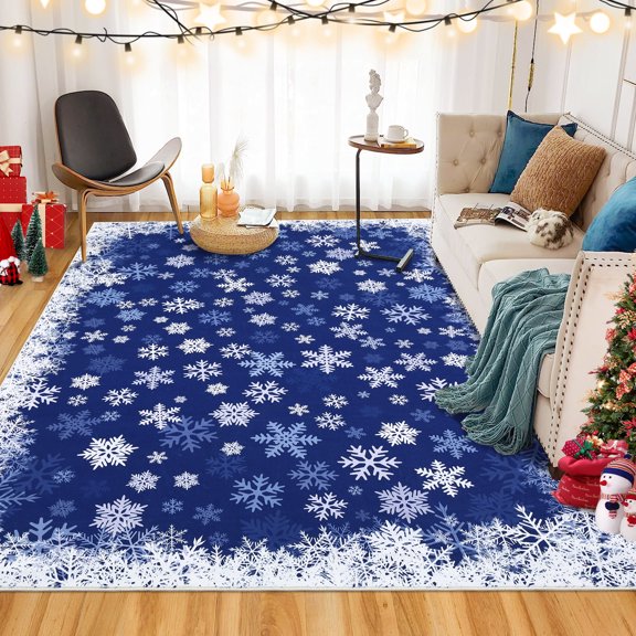 EastVita Area Rugs Carpets 1150Gsm 350Gsm Heavy Pearl Velvet Washed Back Folding Printed Carpet-Christmas-Romantic Snowflakes Blue tint 4*6ft