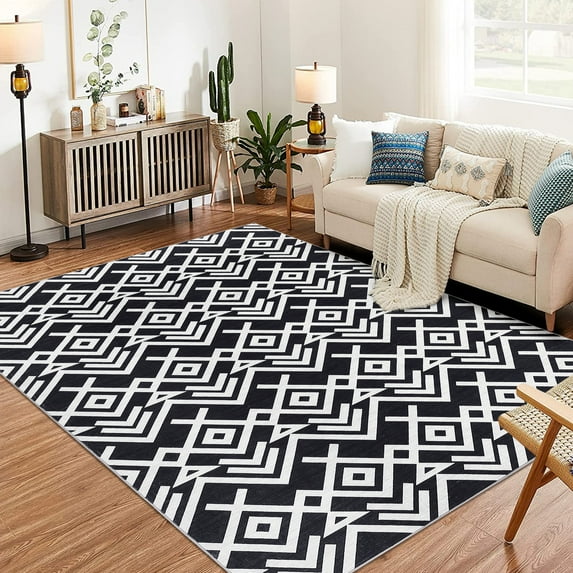 EastVita Area Rugs Carpets 1150Gsm 350Gsm Heavy Pearl Velvet Washed Back Folding Printed Carpet Modern-Geometry Black tone 8*10ft