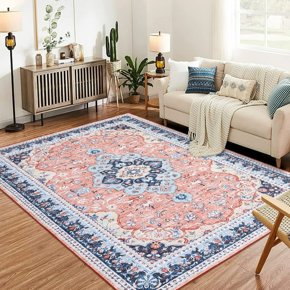 EastVita Area Rugs Carpets 1150Gsm 350Gsm Velvet Heavy Pearl Velvet Washed Back Folding Printed Carpet Persian-Mingmei Pink 8*10ft