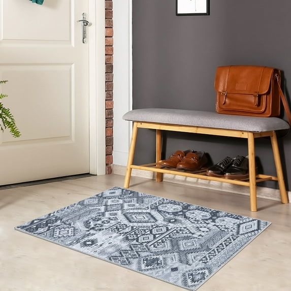 EastVita Area Rugs Carpets 3'*5' Machine Washable Area Rug Ethnic Tribe Mat Vintage Rug Indoor Low Pile Non-Slip Floor Cover for Kitchen,Grey grey 3*5ft