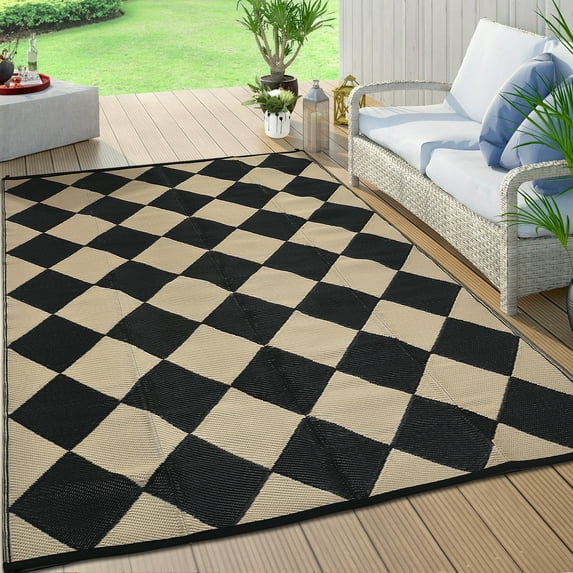 EastVita Area Rugs Carpets 320Gsm Pp Tube Plastic Woven Outdoor Carpet-Modern-Diamond Grid Black/Coffee 9*12ft
