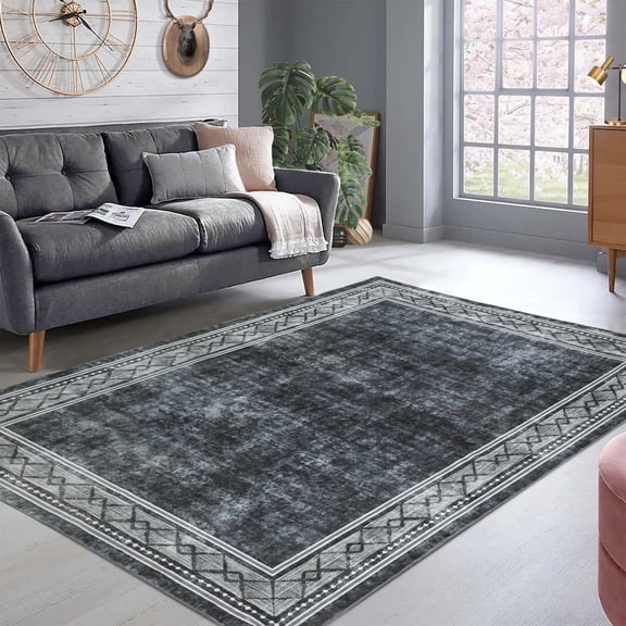 EastVita Area Rugs Carpets 350Gsm Velvet (Total 1150Gsm) Pearl Velvet Cotton Trp Backing Washed Folding Printed Carpet -- Border-Neil grey 0