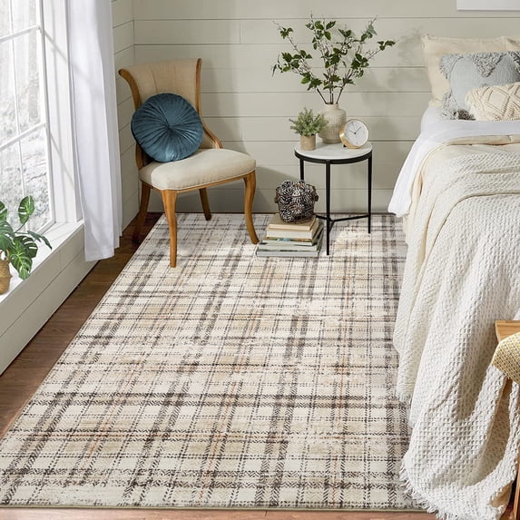 EastVita Area Rugs Carpets 4'*6' Area Rug Contemporary Plaid Bedroom Carpet Indoor Low Pile Aesthetic Rug Farmhouse Distressed Accent Floor Carpet for Dining Room Office,Beige Beige 4*6ft