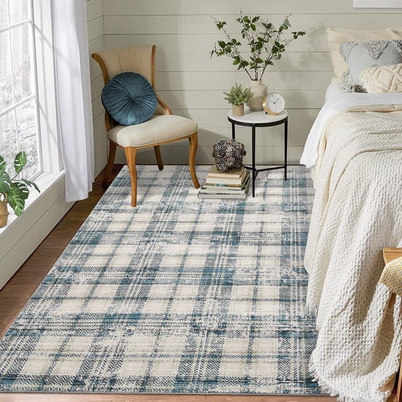EastVita Area Rugs Carpets 4'*6' Area Rug Contemporary Plaid Bedroom Carpet Indoor Low Pile Aesthetic Rug Farmhouse Distressed Accent Floor Carpet for Dining Room Office,Beige/Blue Blue/Beige 4*6ft