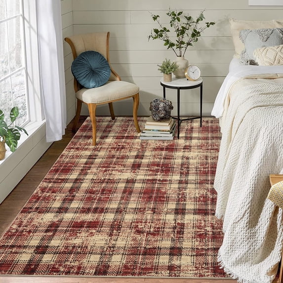 EastVita Area Rugs Carpets 4'*6' Area Rug Contemporary Plaid Bedroom Carpet Indoor Low Pile Aesthetic Rug Farmhouse Distressed Accent Floor Carpet for Dining Room Office,Red red 4*6ft