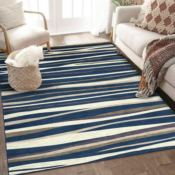 EastVita Area Rugs Carpets 5'*7' Area Rug Indoor Geometric Stripe Rug Colorful Washable Area Rug Low Pile Non-Slip Floor Carpet for Dorm Nursery,Beige/Blue Blue/Beige 5*7ft