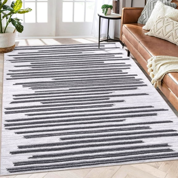 EastVita Area Rugs Carpets 5'*7' Area Rug Modern Berber Stripe Rug Stain-Resistant Non-Slip Throw Rug Soft Washable Rugs for Playroom Dorm Apartment,Black Beige Beige Black 5ft*7ft