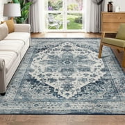 EastVita Area Rugs Carpets 5*7 Machine Washable Rug Vintage Persian Area Rugs Carpet Distressed Rug Anti-Slip Low Pile Rug for Living Room Bedroom,Blue Blue tint 5*7ft