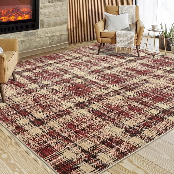 EastVita Area Rugs Carpets 5'*7' Plaid Washable Rug for Living Room Bedroom Pet Child Friendly Stain Resistant Area Rug Farmhouse Soft Foldable Accent Rug,Red red 5*7ft