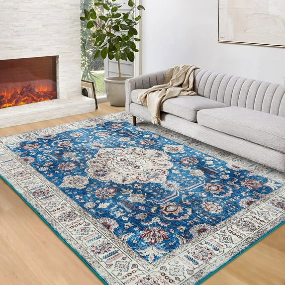 EastVita Area Rugs Carpets 8'*10' Area Rug for Living Room Bedroom Boho Oriental Rug Distressed Soft Foldable Rug Non Slip Throw Carpet for Dining Room Home Office,Blue Blue tint 8*10ft