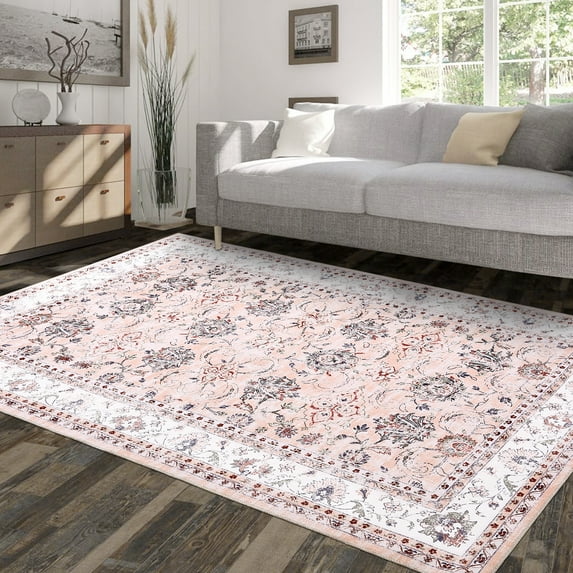 EastVita Area Rugs Carpets 9'*12' Area Rug Vintage Distressed Floral Area Rugs for Living Room Washable Persian Non-Slip Stain Resistant Accent Rug Carpet,Pink Pink 9*12ft