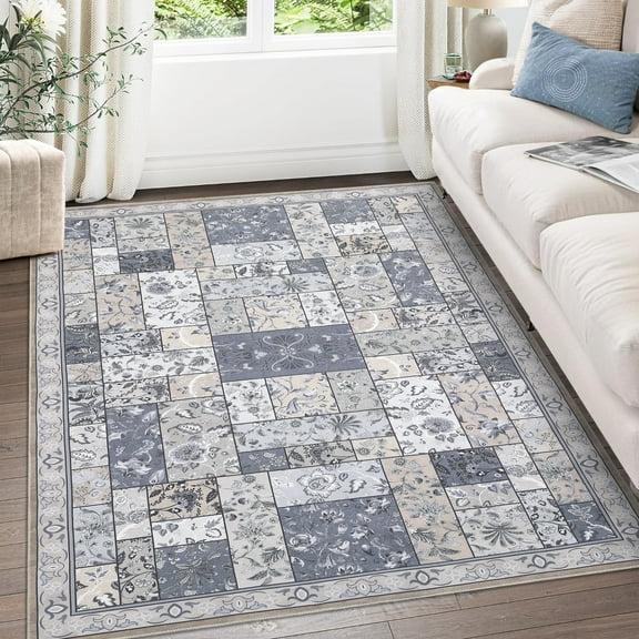 EastVita Area Rugs Carpets 9*12 Area Rug Washable Living Room Rug,Vinitage Soft Boho Rug Non Slip Grey Patchwork Indoor Floor Carpet Rug for Kitchen Home Office Gray-brown tone 9*12ft