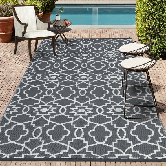 EastVita Area Rugs Carpets 9'*12' Outdoor Rug Modern Geometric Floral Area Rug Reversible Plastic Straw Camping Carpet for Rv Deck Porch Picnic Beach Balcony,Gray White gray 9*12ft