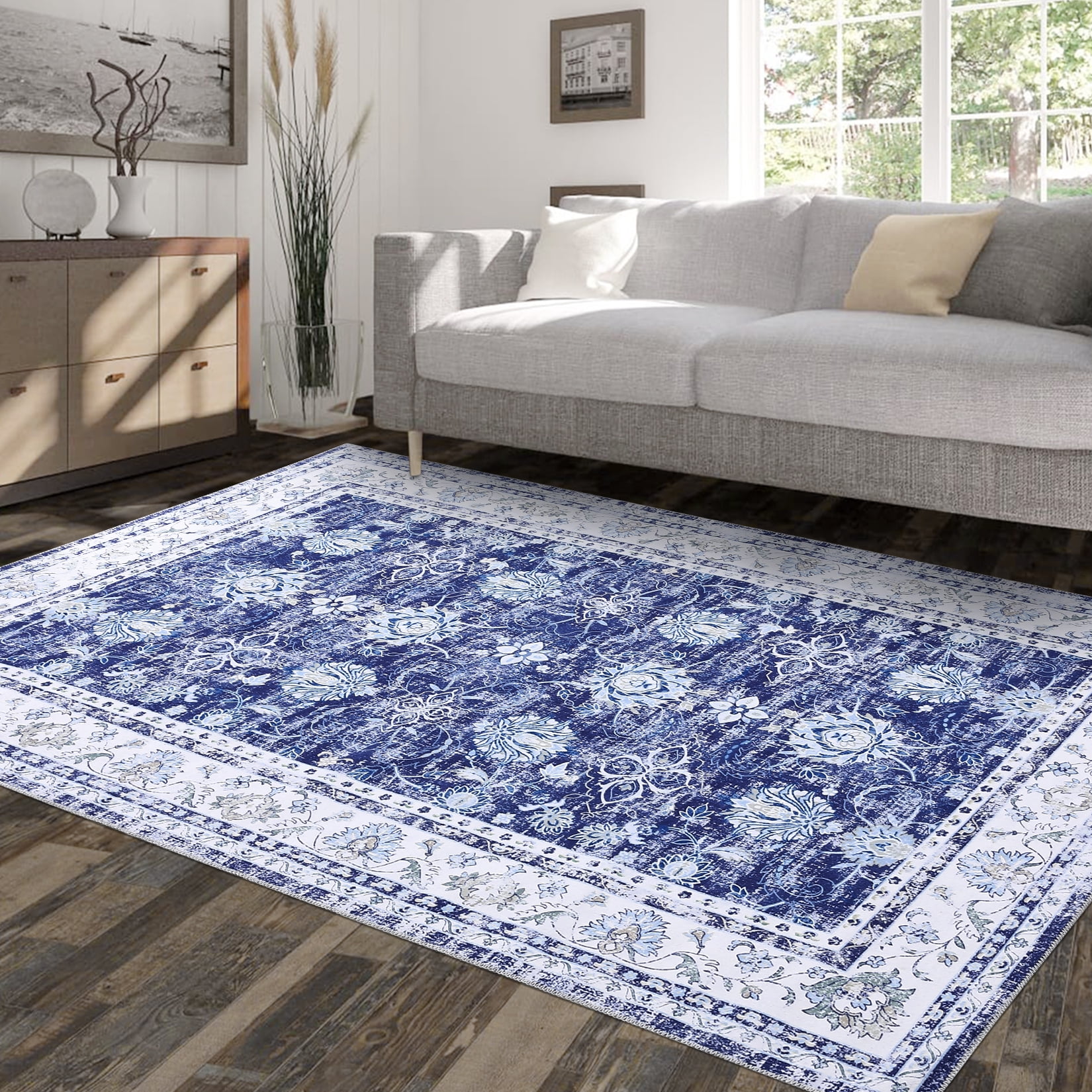 Navy Blue Floral Chenille 9' x 12' Washable Area Rug