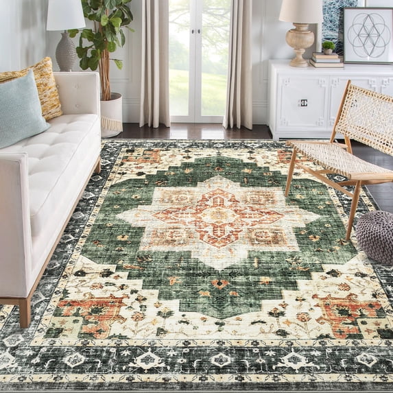 EastVita Area Rugs Carpets 9'*12' Washable Rug Vintage Persian Rug Retro Medallion Rug Indoor Non-Slip Low Pile Carpet for Living Room Bedroom,Green Green tone 9*12ft