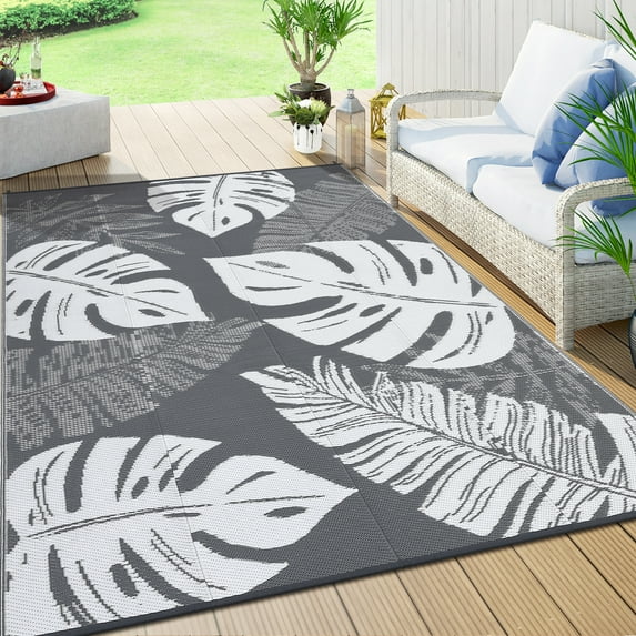 EastVita Area Rugs Carpets 9'*18' Outdoor Rugs Modern Leaves Pattern Reversible Plastic Straw Rug Waterproof Camping Rug for Patio RV Beach Deck,Gray White gray 9*18ft
