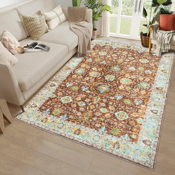 EastVita Area Rugs Carpets Area Rug Rugs for Living Room,Vintage Rug for Living Room Bedroom Dinning Room,Boho Distressed Tribal Area Rug,Low Pile Non-Slip Washable Indoor Door Mat Brown tone 5*7ft