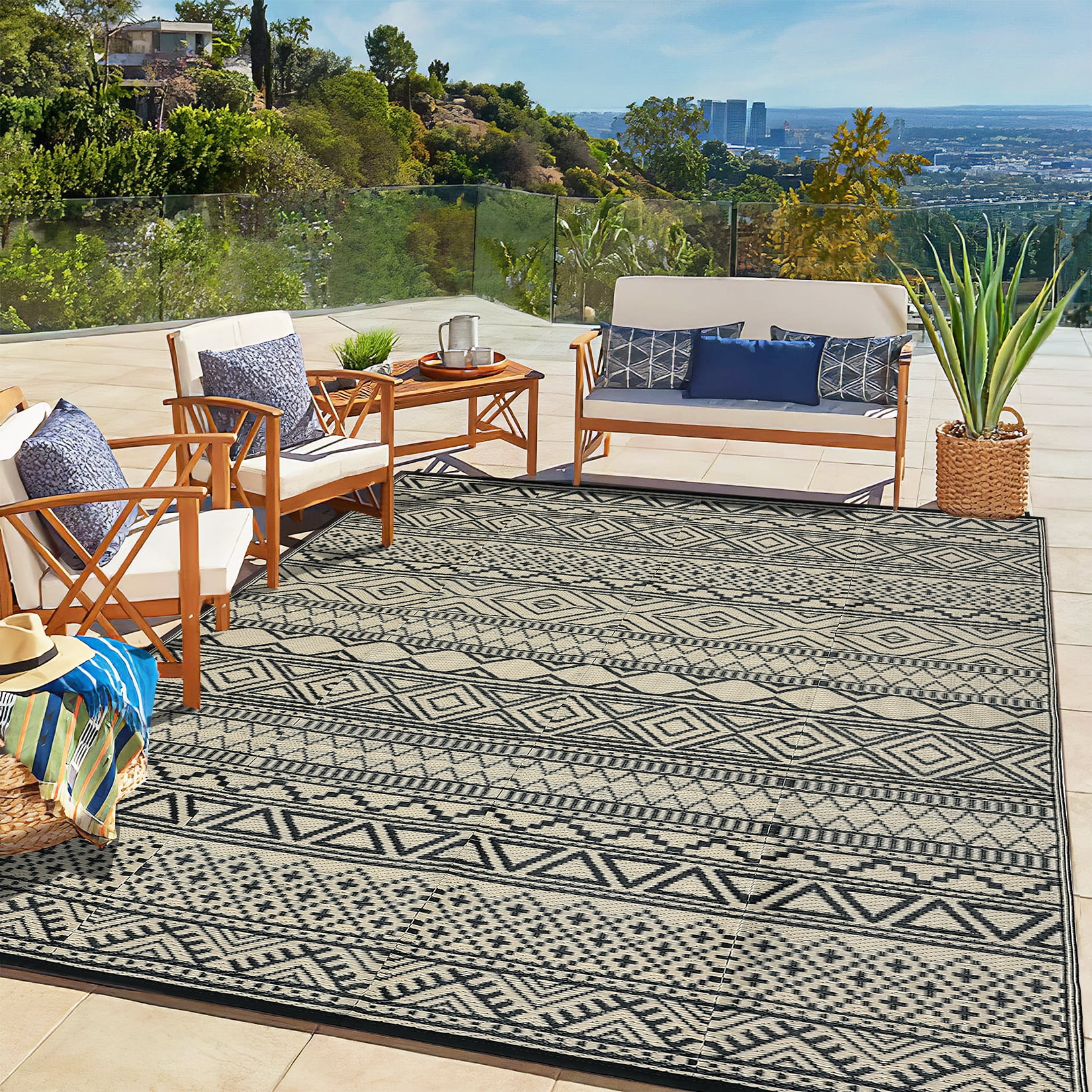 EastVita Area Rugs Carpets Outdoor Rugs ,Double Sided Mat ,Waterproof and Sun Proof Plastic Grass Carpet for Backyard,Deck,Picnic Black Coffee 5*8ft A