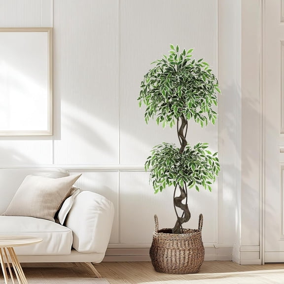EastVita Artificial Ficus Tree for Home Decor Indoor 5FT Faux Floor Tree White Imitation Ceramic Planter Indoor Outdoor Lifelike Fake Ficus Tree with Pebbles and Green Fake Moss for Office