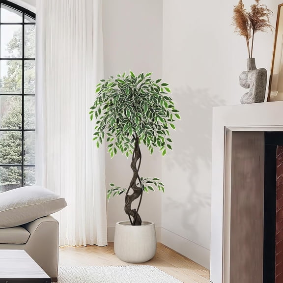 EastVita Artificial Plant Ficus Tree Curved Tree Trunk with White Pot