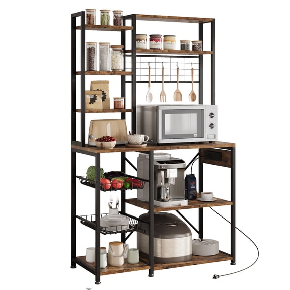 EastVita Bakers Rack with Power Outlet, Microwave Stand with 2 Wire Drawer, Industrial Coffee Bar Station, 7-Tier Kitchen Bakers Rack with Large Storage