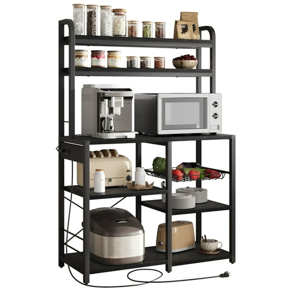 EastVita Bakers Rack with Power Outlet, Coffee Bar with Wire Drawer, Industrial Microwave Stand 6-Tier Kitchen Storage Rack with Hutch
