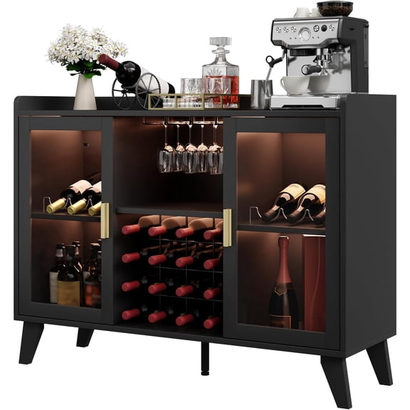 EastVita Bar Cabinet with LED Light Liquor Cabinet with Racks & Glass Holder, Wine Cabinet with Storage, Buffet Sideboard with Acrylic Doors and Drawer