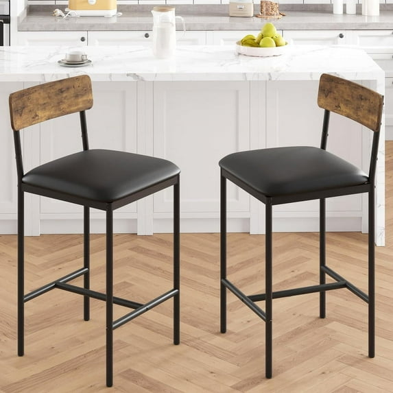 EastVita Bar Stools Set of 2,Upholstered Bar Chairs with Back,25.5 Inch Kitchen Bar Stools with Footrest,Thick Cushion,Counter Height,Rustic Brown