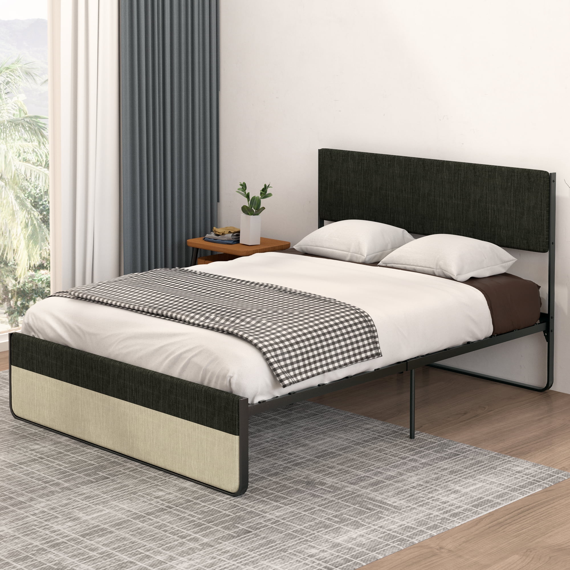 EastVita Bed Frame Full Queen Double Bed Platform Bed with Linen Upholstered Headboard Footboard Sturdy Steel Bed Frame Mattress Bottom